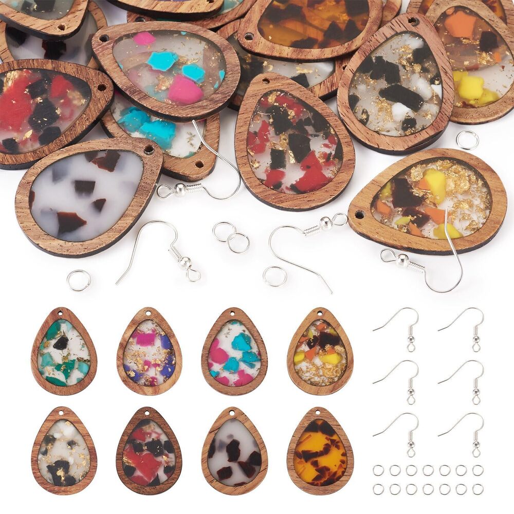 7392 56Pcs Wood Dangle Earring Charm Kit with Teardrop Resin Wood Pendants